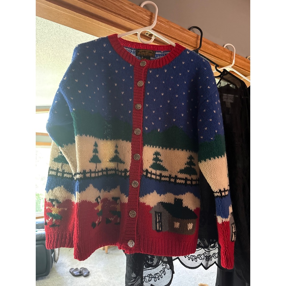Vintage 1988 Eddie Bauer Wool Cardigan Sweater Winter Landscape women's Medium